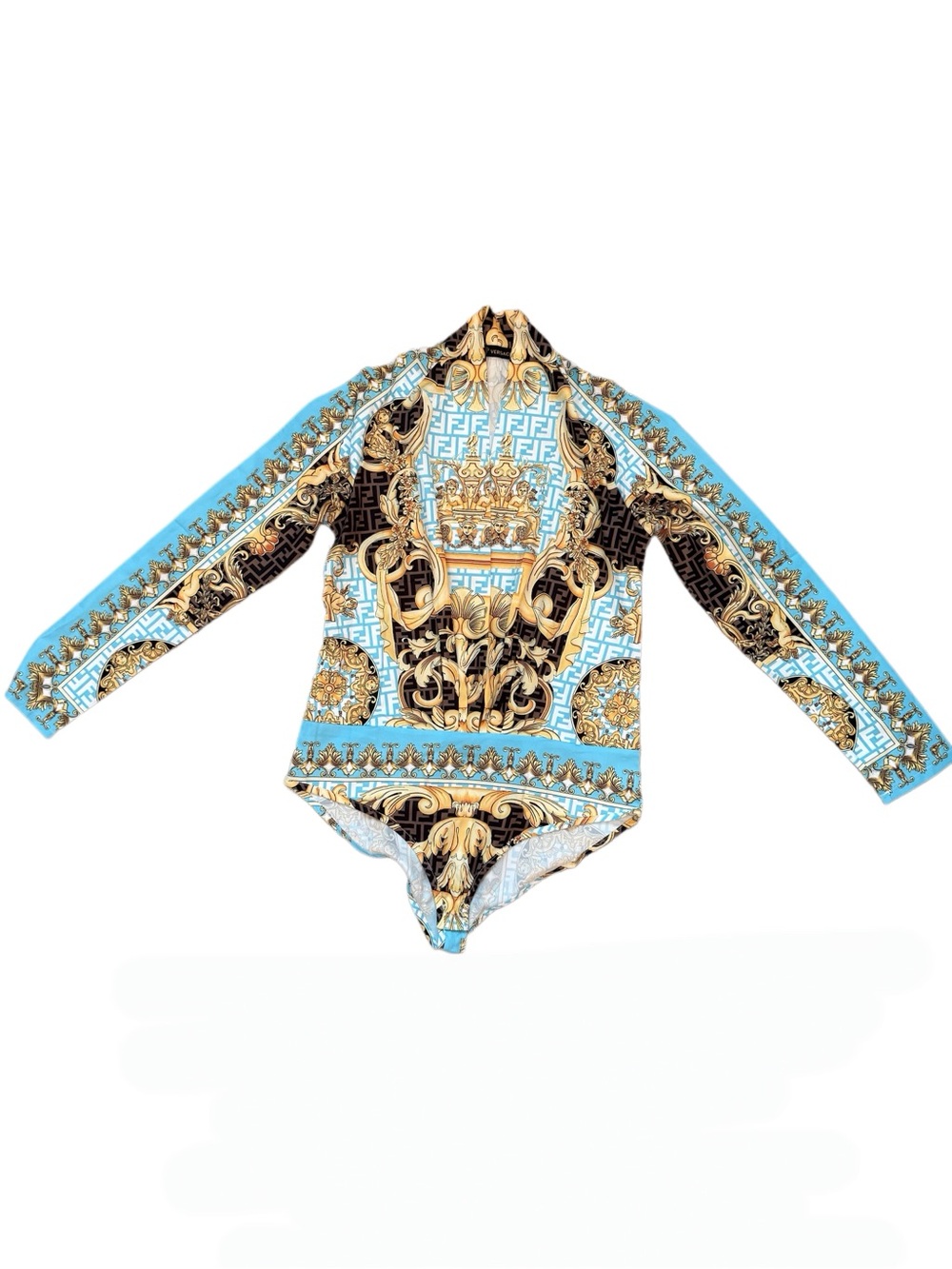 Vibrant Bodysuit Blouse in Aqua and Gold Baroque Print